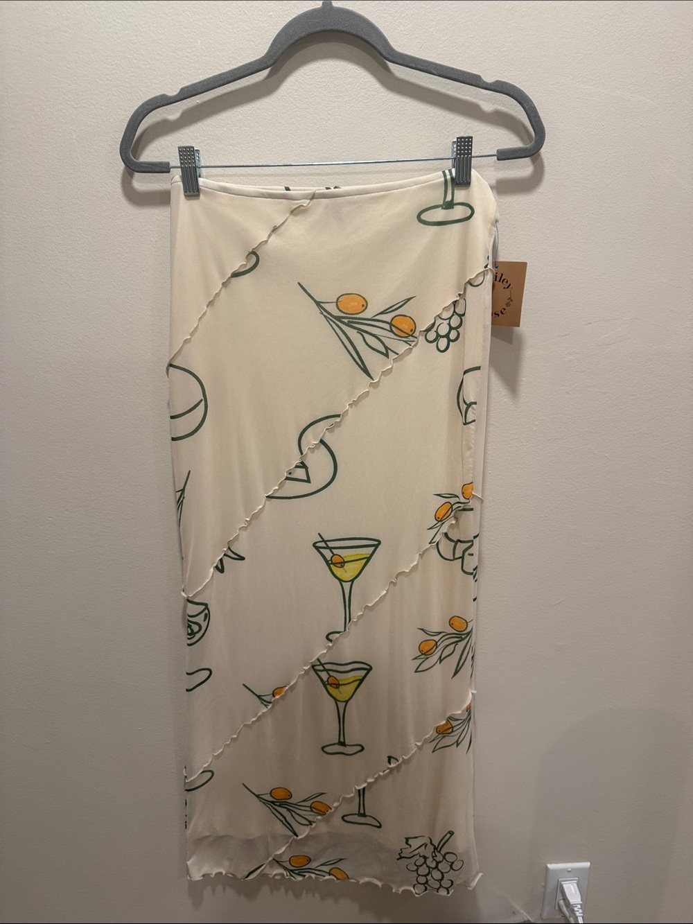 Cream Olive & Citrus Print Midi Skirt